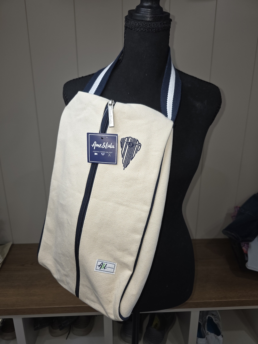Ame&Lulu Navy Embroidered Hamptons Shoe Bag With Shoulder Strap